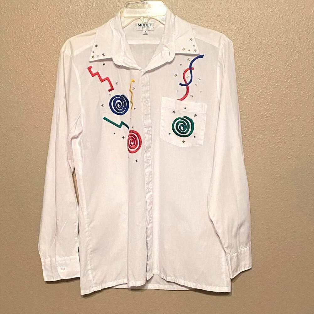 MODIT long sleeve white Shirt with embroidered applique, rhinestones and stars M